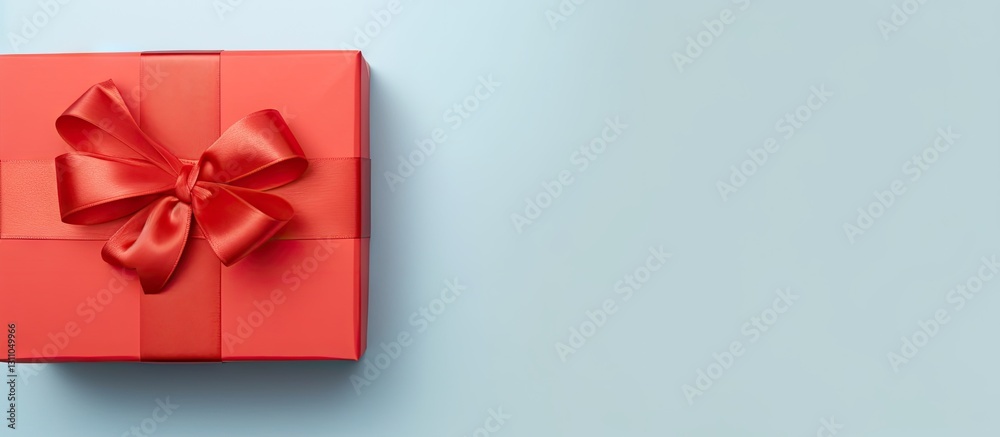 Poster gift box with a glossy red ribbon bow positioned top left on a soft blue background ideal for celebr