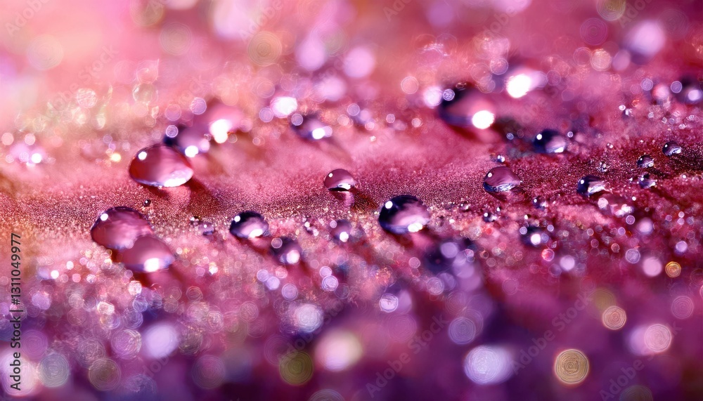 Poster glistening water droplets on vibrant pink surface with soft bokeh effect for background, texture, or