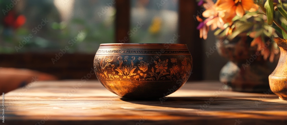 Poster Buddhist wooden bowl with intricate carvings placed on a rustic wooden table illuminated by warm sunlight with blurred floral arrangements in background.