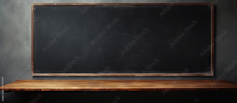 Poster Rustic wooden desk in front of a large black chalkboard background with ample copy space for text and a sophisticated dark ambiance