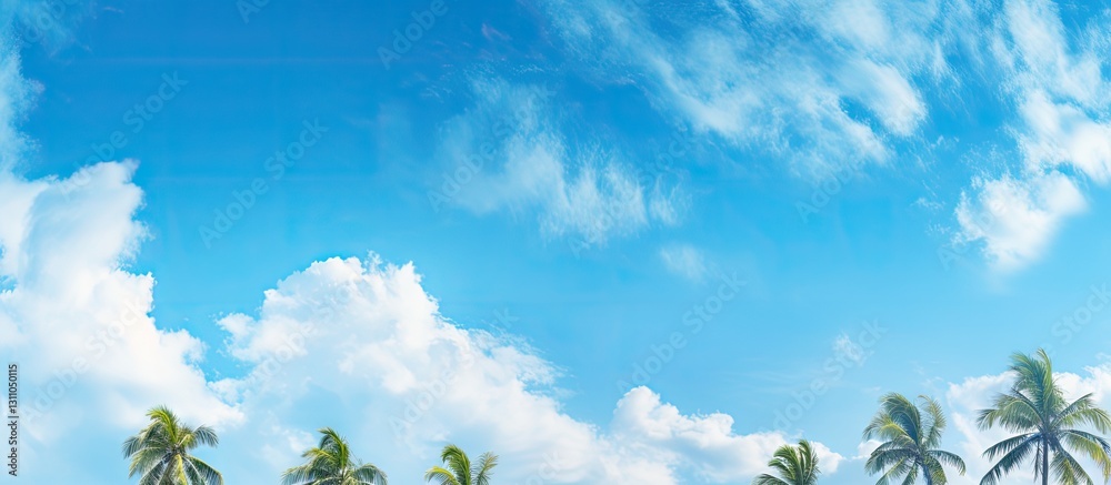 Aufkleber Vibrant tropical summer sky with fluffy white clouds above lush green palm trees in the foreground creating ample copy space for text inclusion