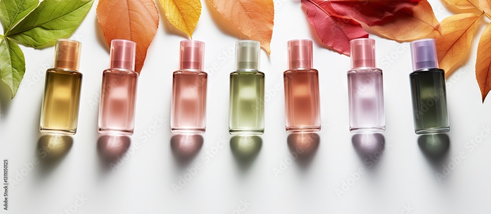 Poster brightly colored glass perfume bottles arranged in a row with soft shadows on a white background, su