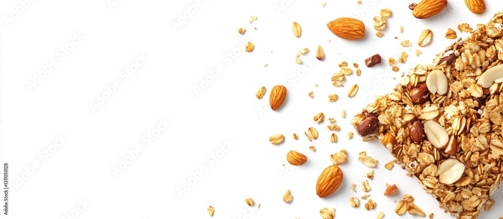 Poster nutrient-dense granola energy bar with a mix of nuts and oat flakes on a white background with scatt