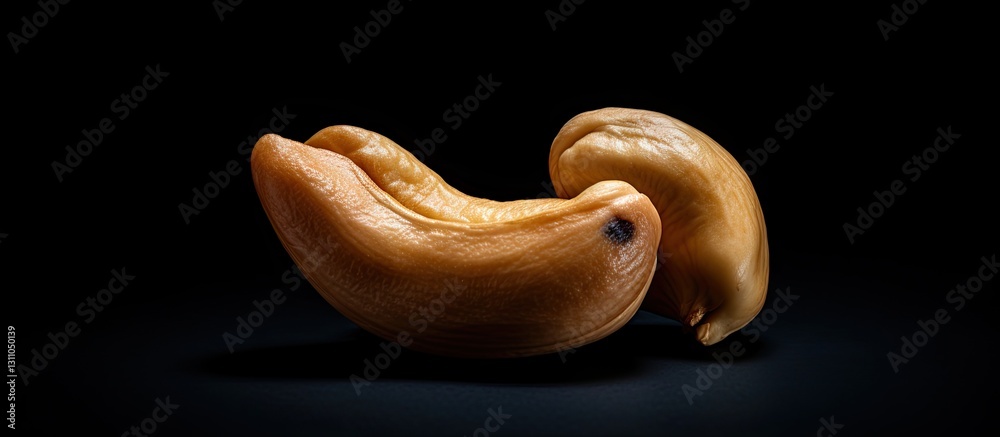 Poster Cashew nuts positioned prominently on a dark background highlighting their texture with ample negative space for text or branding elements