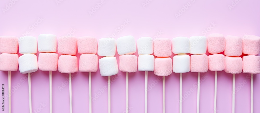 Poster pink and white marshmallows arranged in a neat row on wooden skewers against a soft pink background 