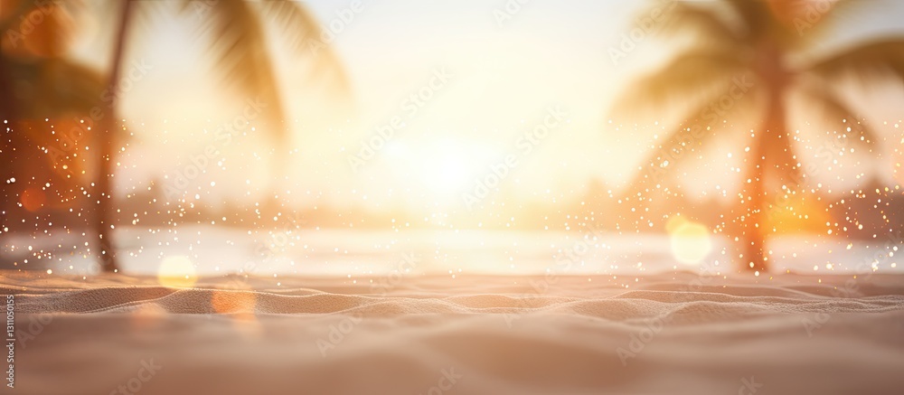 Aufkleber sunset over tranquil tropical beach with shimmering water and blurred foreground bokeh effect captur