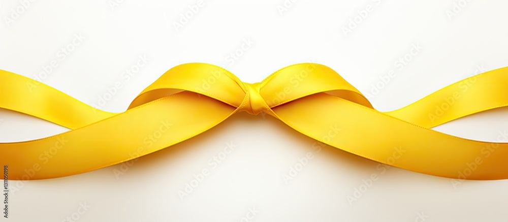 Poster yellow ribbon artfully arranged in a symmetrical bow against a soft white background, highlighting t