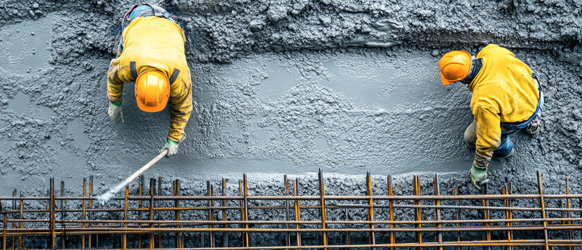 Construction workers pouring wet concrete over steel rebar on a sunny day with bright safety gear