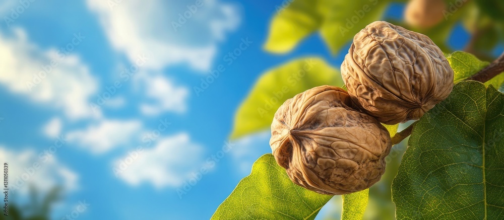 Poster walnut tree branch with ripe black walnuts on a bright blue sky background, featuring soft clouds an