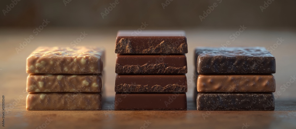 Poster Assorted Chocolate Bars with Distinct Layers and Textures in Warm Brown and Beige Tones, Displayed in Neat Stacks on a Wooden Surface