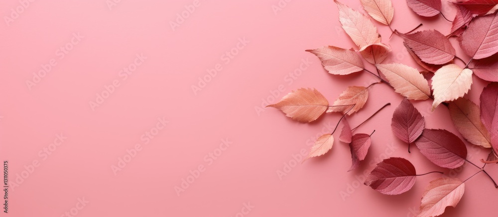 Poster Pink backdrop with scattered dry leaves in soft shades of peach and rose, positioned in the top left corner, creating a delicate natural aesthetic.