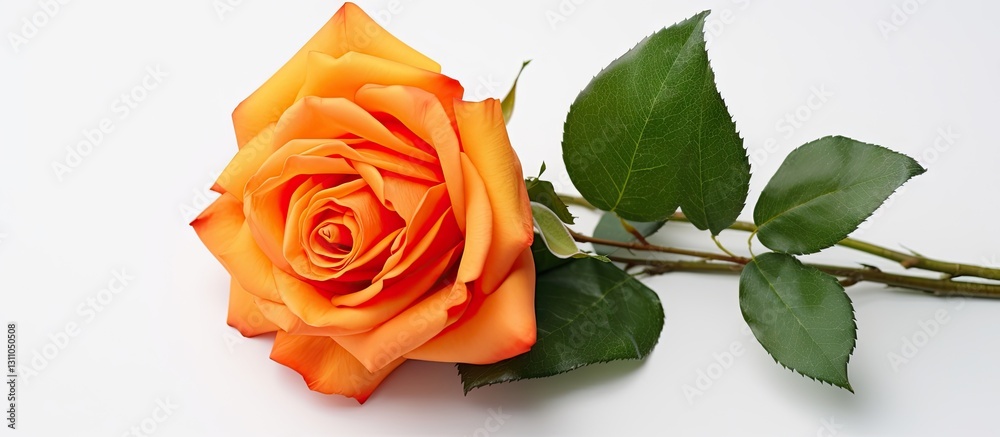 Aufkleber vibrant orange rose on a white background with green leaves positioned to the left, featuring ample 