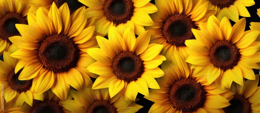 Poster vibrant yellow sunflowers arranged densely with dark centers against a black background creating a c