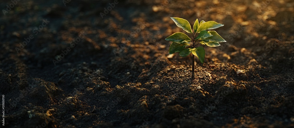 Aufkleber new growth of a sapling emerging from rich dark soil highlighted by soft morning sunlight representi