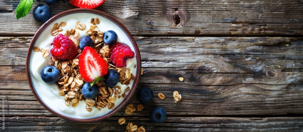 Poster Top down view of a rustic wooden table featuring a bowl of yogurt topped with granola and fresh berries in vibrant red and blue colors.