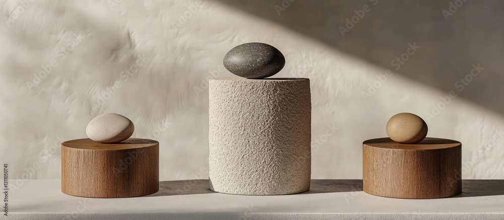 Leinwandbilder harmonious zen arrangement featuring three sleek pebbles in soft neutral tones atop cylindrical stru