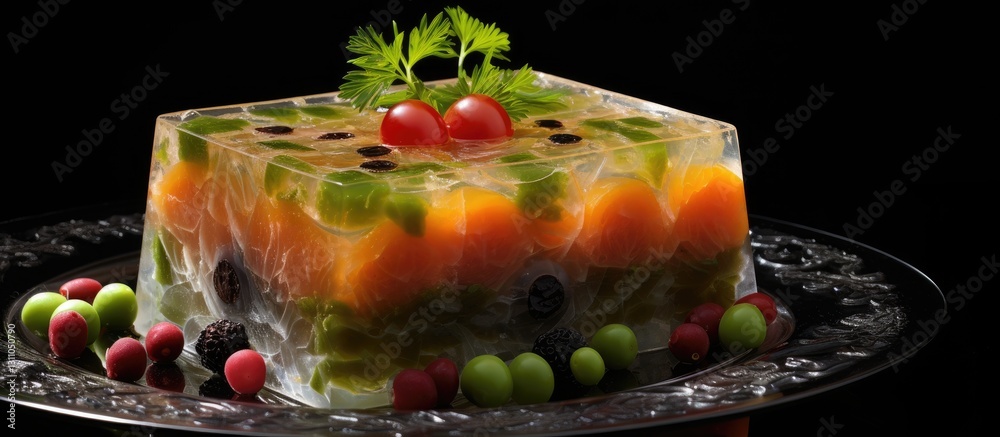 Poster vibrant aspic dessert displayed on a dark table with assorted fruits including orange, green, and bl