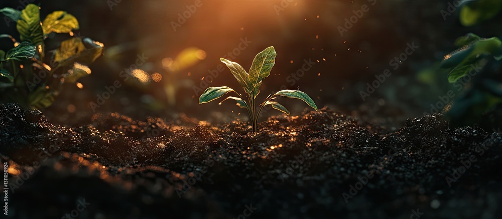 Poster seedling emerging from dark rich soil under warm morning sunlight with soft focus on surrounding hea