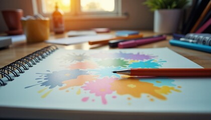 Fototapeta premium Colorful Ink Splatters Abstract Painting in Open Sketchbook