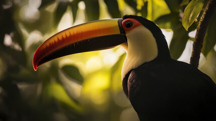 Fototapeta premium Toucan with vibrant beak in lush forest setting