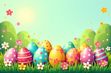 Fototapeta premium Colorful Easter eggs on vibrant grass with flowers under a sunny sky