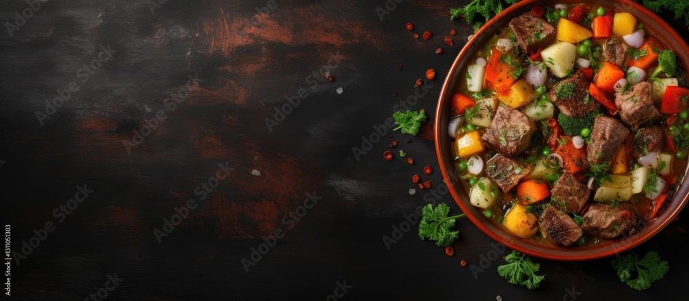 Aufkleber Aromatic meat stew in a rustic bowl with colorful vegetables set against a dark textured background, ample space for added text on the right.