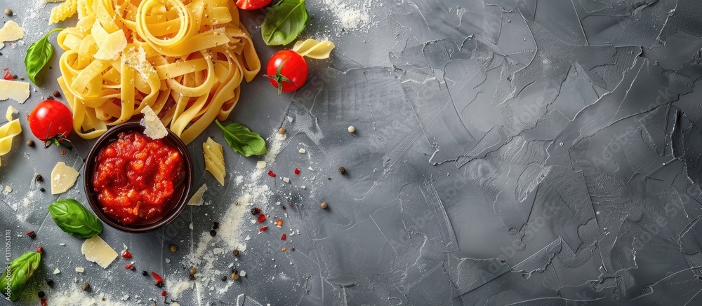 Aufkleber Delicious pasta with tomato sauce and fresh basil on a gray surface, positioned left with toppings and space for text in the empty right area