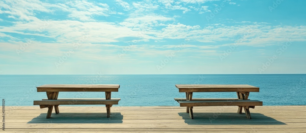 Aufkleber Serene ocean view from vacant wooden tables on a boardwalk with turquoise waters and a clear blue sky enhancing the tranquil atmosphere.