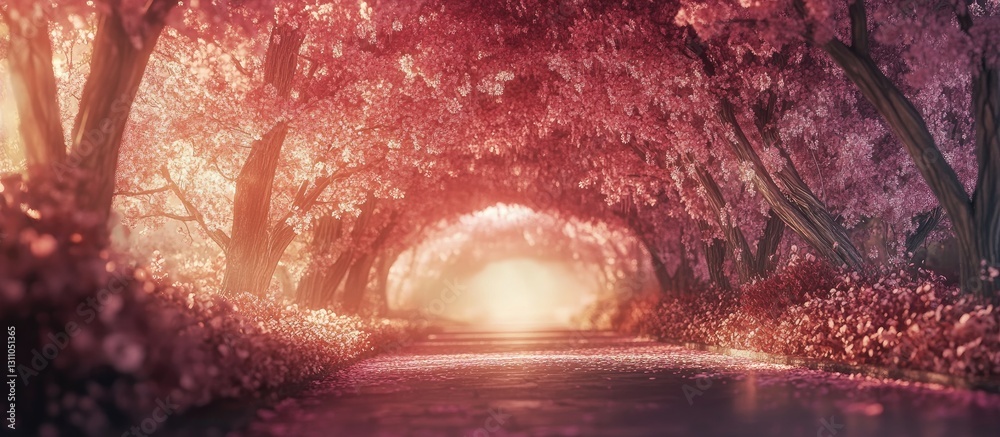 Aufkleber Serene pink flower tunnel with soft ambient light at the end, lush trees on both sides, and tranquil reflection on a peaceful pathway.
