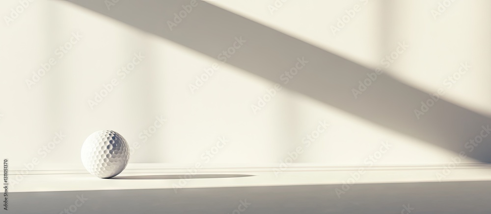 Poster Classic golf ball resting on a soft white surface with gentle shadows creating a minimalist aesthetic featuring light tones and clean lines.