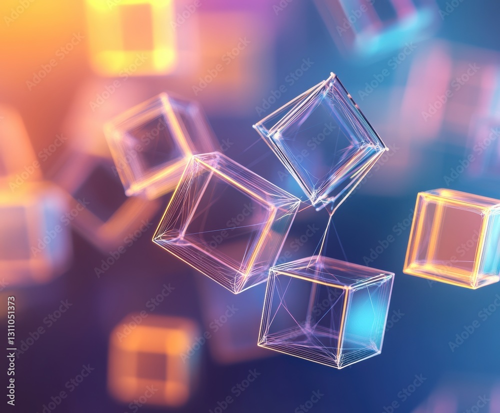 Poster neon cube network: abstract geometric composition of glowing transparent cubes interconnected, repre