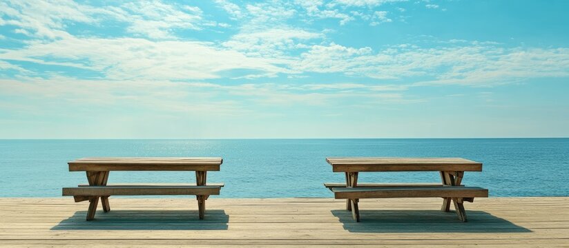 Serene ocean view from vacant wooden tables on a boardwalk with turquoise waters and a clear blue sky enhancing the tranquil atmosphere.