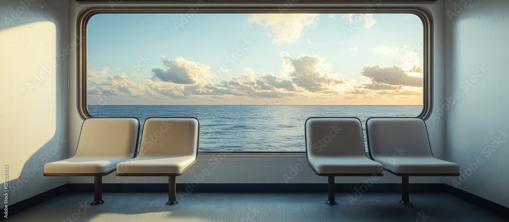 Fototapete Two empty seats facing a large ocean window under soft evening light with a calm sea and scattered clouds creating a serene travel scene.