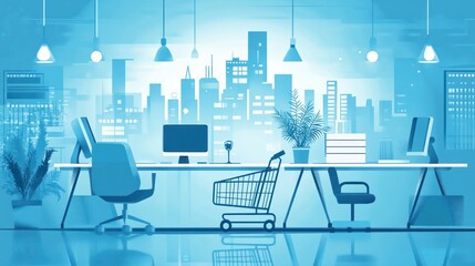 Modern office with cityscape background,  empty workspace and shopping cart, design inspiration