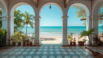 Obraz premium white coastal living room features large windows overlooking the ocean