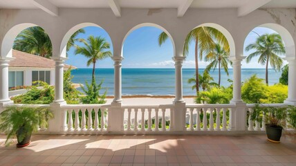 white coastal living room features large windows overlooking the ocean