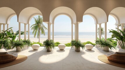 white coastal living room features large windows overlooking the ocean