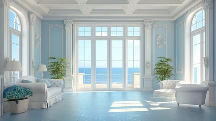 Fototapeta premium cozy coastal living room with large windows and sofas 