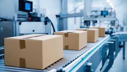 An industrial conveyor system in a warehouse efficiently transports sealed cardboard boxes. The image showcases the advanced automation technology employed in modern logistics and packaging operations