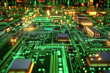 Obraz premium A conceptual visual of a network circuit seamlessly integrating with business intelligence.