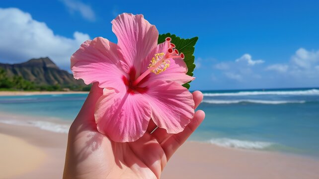 pink hibiscus flower in the hand in a beach - Powered by Adobe