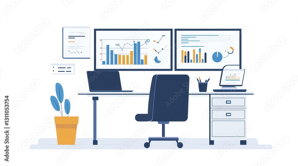 Aufkleber modern office workspace with multiple monitors displaying data. possible use stock photo for busines