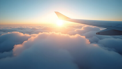 The wing of an airplane against the background of clouds and the rising or setting sun. The sun is shining brightly, turning the clouds into soft shades of pink and orange. The sky above the clouds is