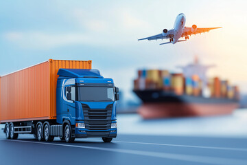 A truck with cargo containers is driving on the road, and an airplane flies above it at dusk, indicating air transport of goods from port to city. In front, there's a container shi