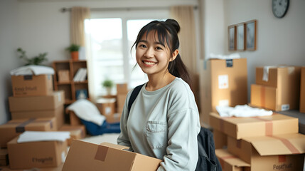 Asian girl new college student smiling for just finish moving, indoor mess with many packages moving boxes for move in new apartment.