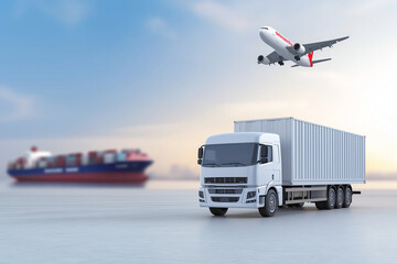 Realistic truck with a cargo container and an airplane flying above in the background, a cargo ship at the port on a blurred blue sky sunset light background for the global busines