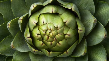 Fototapeta premium Multiple artichoke slices in a radial arrangement with a whole one at the center.