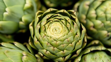Obraz premium Multiple artichoke slices in a radial arrangement with a whole one at the center.