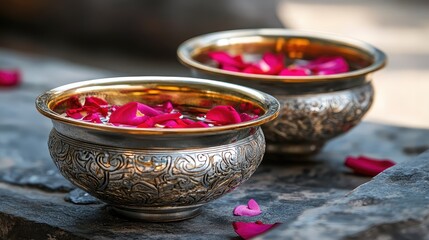 Ornate silver and gold bowls filled with scented water and rose petals, used in Songkran blessings.