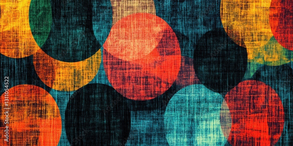 Poster geometric vibrance: a tapestry of overlapping, vibrantly colored circles with textured effect, creat